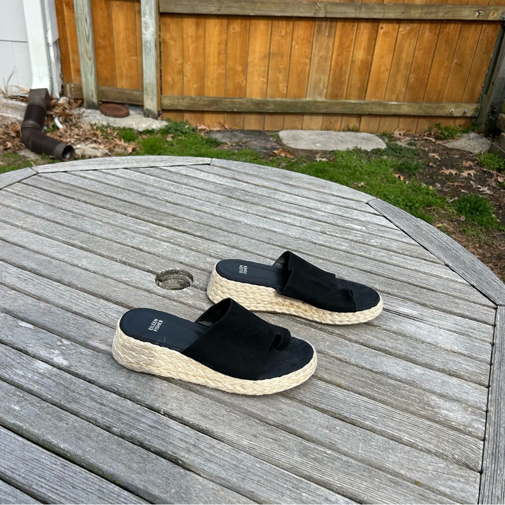 Eileen Fisher Tarry Toe Top Loop Espadrille Wedge Slide Sandals Black Leather 10